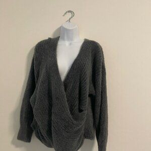 Urban Outfitters Womens Large Sweater Super Soft Knit Cross Front Fuzzy Grey EUC